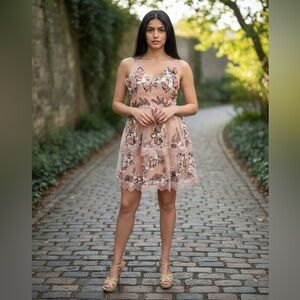 Dress the Population Pink Floral Appliqué Lace Mini Flower Leaf Embroidery Small